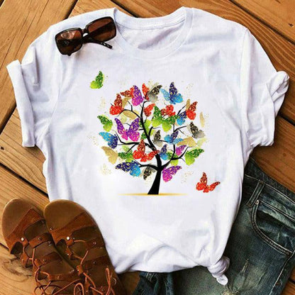 Woman Butterfly Tree Print Harajuku Summer Tshirts Casual Round Neck Short Slee Top Tee Shirt Women Black T-shirt Drop Ship - Encouraging The Truth Organization