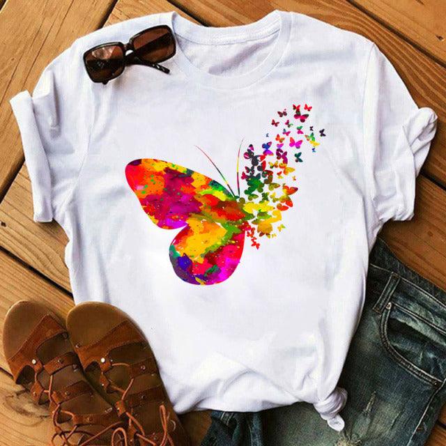 Woman Butterfly Tree Print Harajuku Summer Tshirts Casual Round Neck Short Slee Top Tee Shirt Women Black T-shirt Drop Ship - Encouraging The Truth Organization