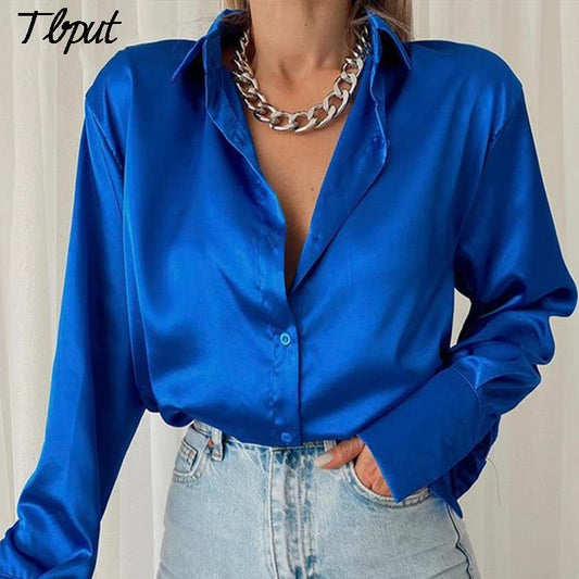 Women 2022 Elegant Satin Solid Long Sleeve Blouses Female Chic Vintage Blue Green Casual Loose Fitting Buttons Down Shirts Tops - Encouraging The Truth Organization